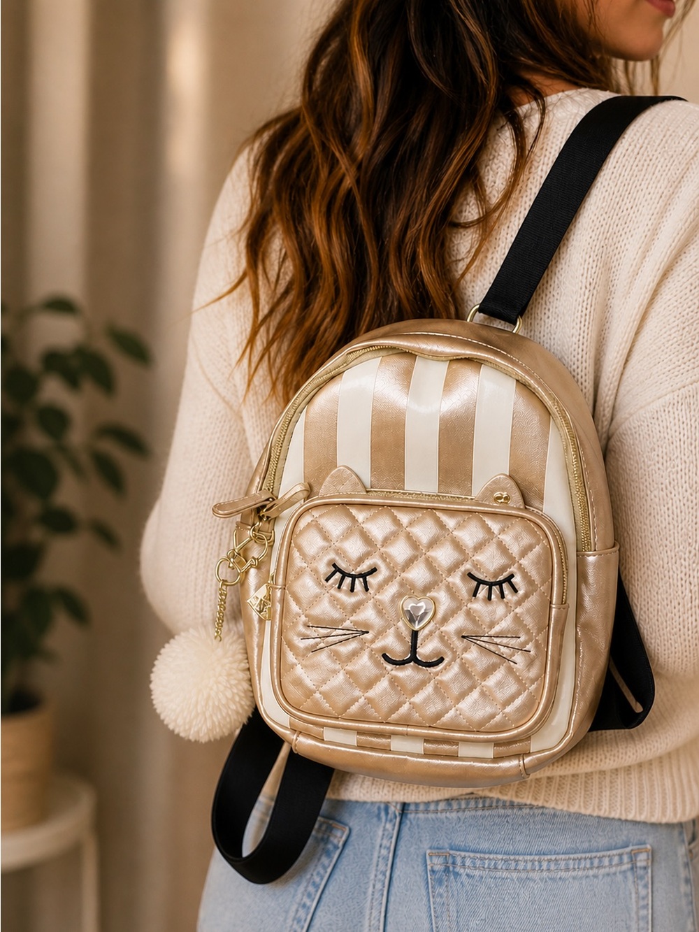 Betsey Johnson Gold Cat Face Mini Backpack Purse Quilted Stripe Cute Bag
